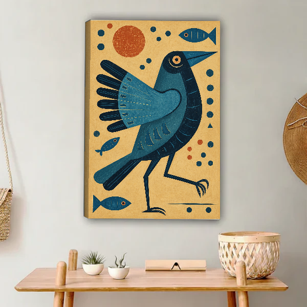 Teal Folk Bird Sun canvas art unframed above a wooden console with woven accessories.