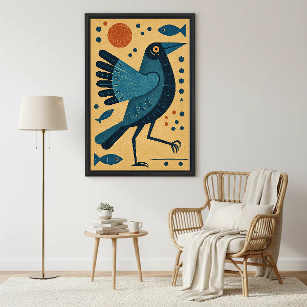 Teal Folk Bird Sun canvas art framed above a rattan reading chair and cream throw.