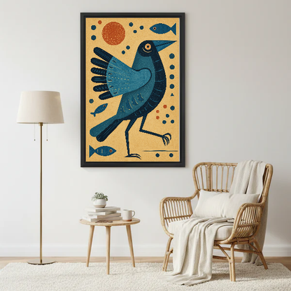 Teal Folk Bird Sun canvas art framed above a rattan reading chair and cream throw.