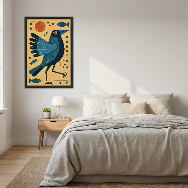 Teal Folk Bird Sun canvas art framed above a cream bed with neutral bedding.