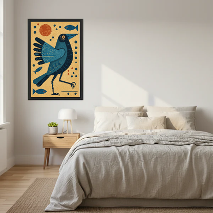 Teal Folk Bird Sun canvas art framed above a cream bed with neutral bedding.