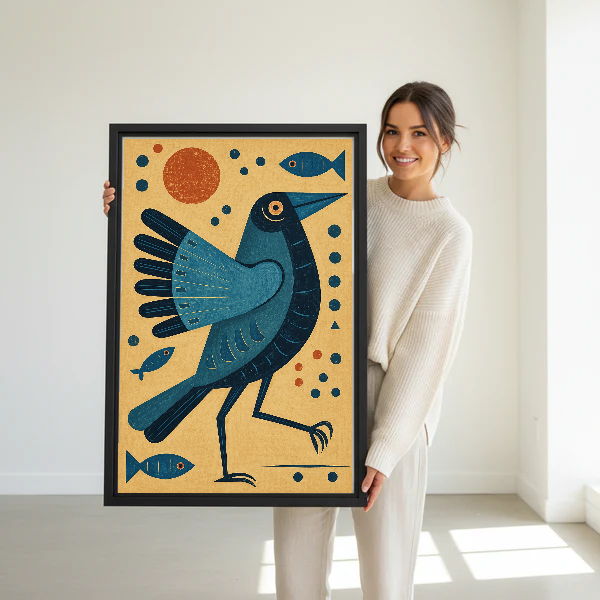 Teal Folk Bird Sun canvas art held framed by a woman in a bright interior.