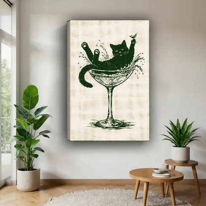 Martini Glass Lounging Cat canvas art unframed beside green plants and a wooden table.