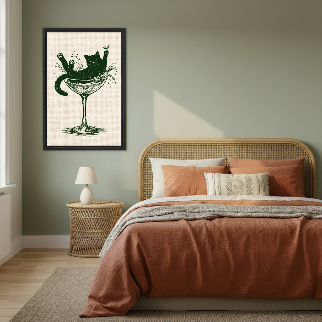 Martini Glass Lounging Cat canvas art framed on a sage bedroom wall above rust bedding.