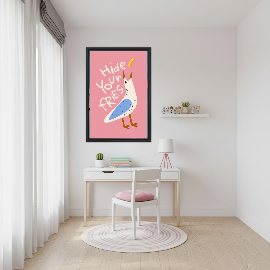 Hide Your Fries Seagull canvas art framed beside a white desk and pink chair.