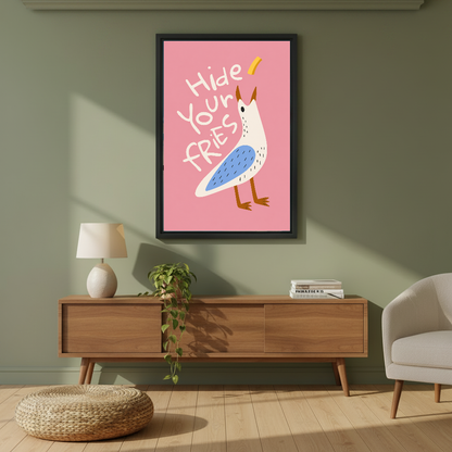 Hide Your Fries Seagull canvas art framed on a sage wall above a wooden sideboard.