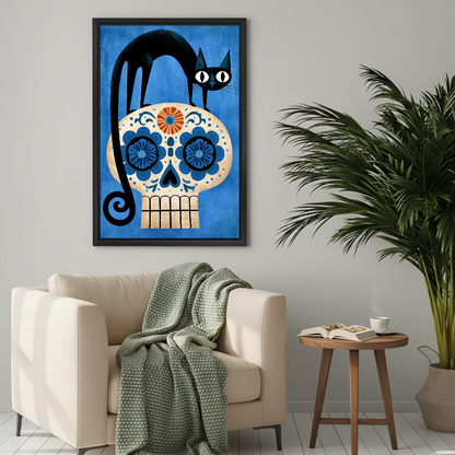 Black Cat Floral Skull canvas art framed above a cream chair with green throw.