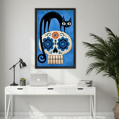 Black Cat Floral Skull canvas art framed above a white desk beside a palm.