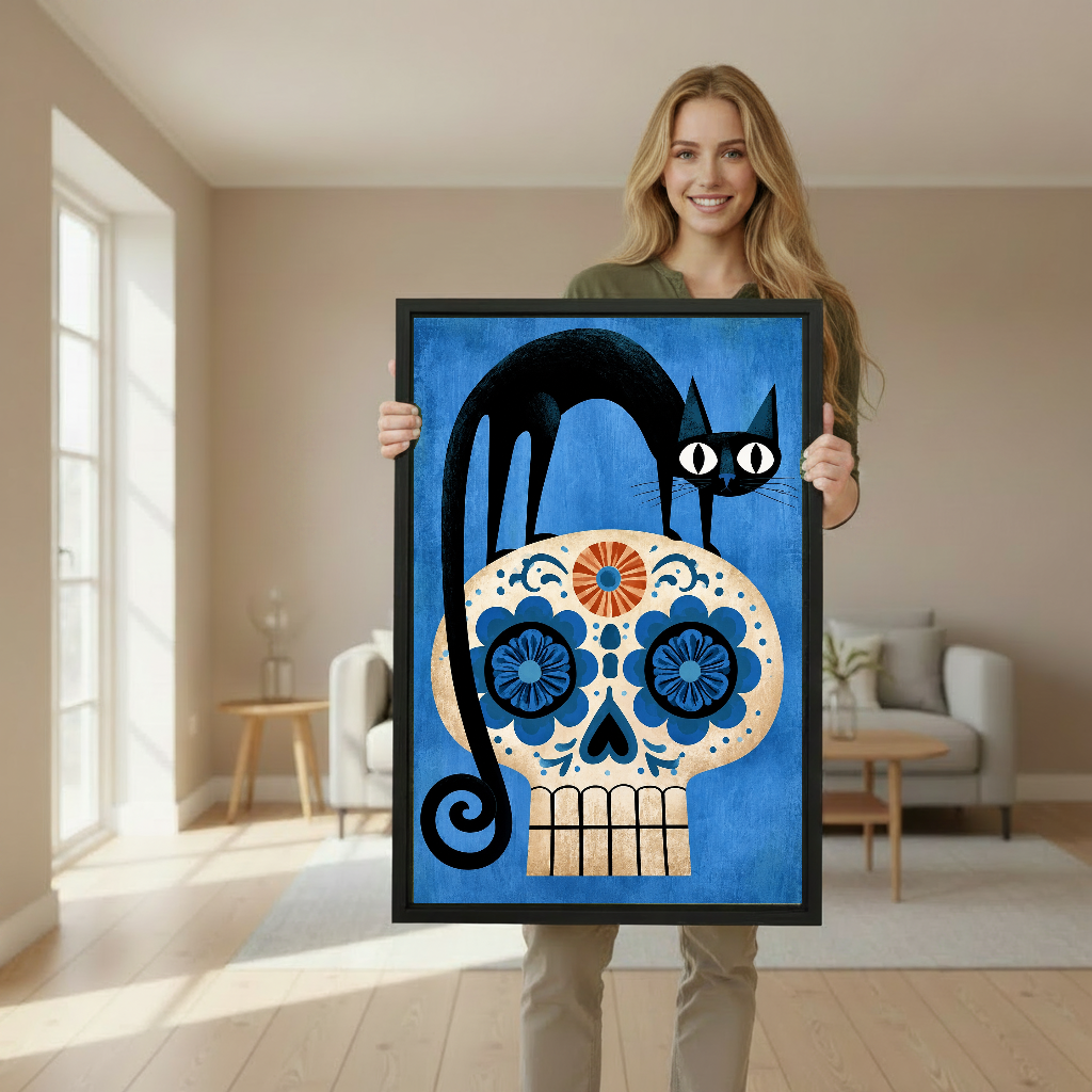 Black Cat Floral Skull canvas art held framed by a woman wearing green.