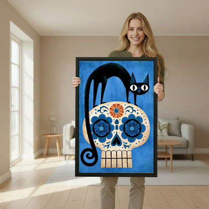 Black Cat Floral Skull canvas art held framed by a woman wearing green.