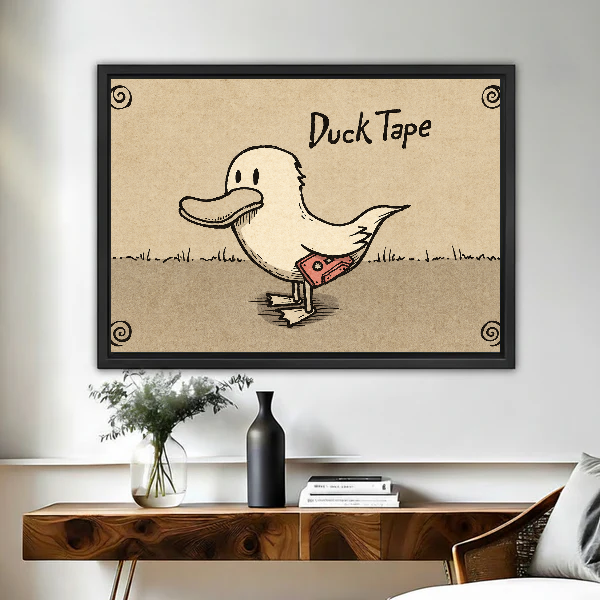 Duck Tape Funny Illustration canvas art framed above a wooden desk with a dark vase.