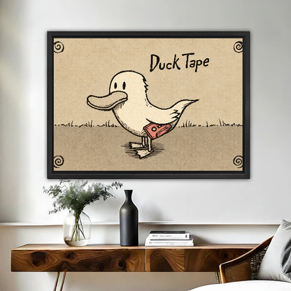 Duck Tape Funny Illustration canvas art framed above a wooden desk with a dark vase.