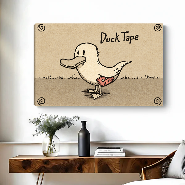 Duck Tape Funny Illustration canvas art unframed above a wooden desk with a dark vase.