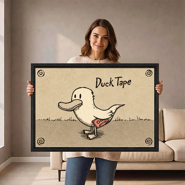 Duck Tape Funny Illustration canvas art framed, held by a woman in a neutral room.