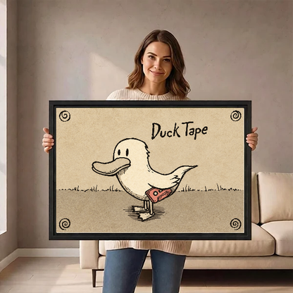 Duck Tape Funny Illustration canvas art framed, held by a woman in a neutral room.