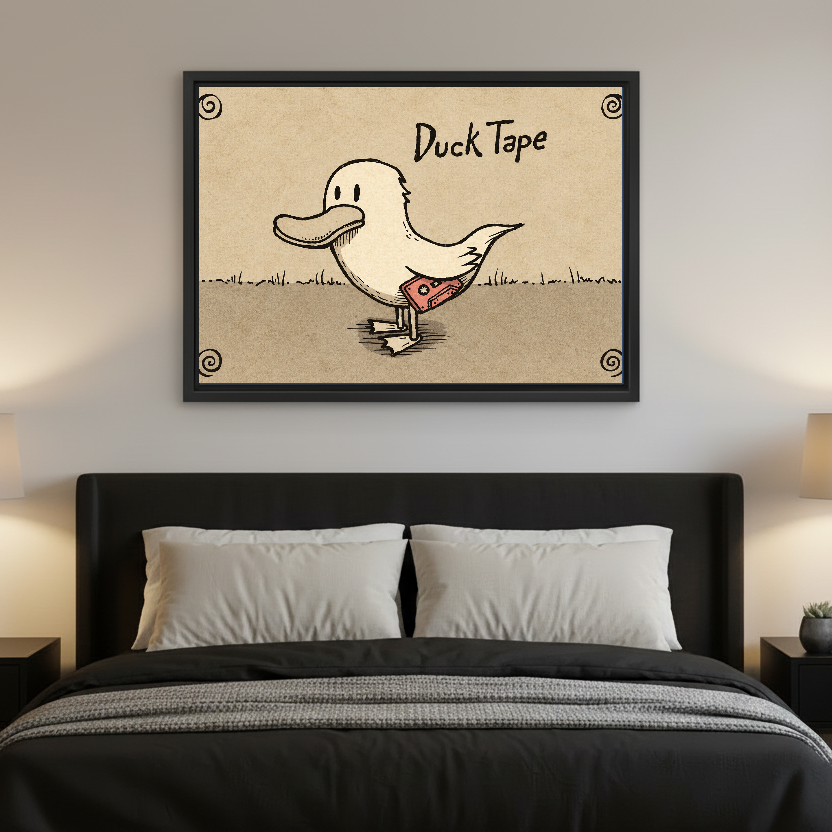 Duck Tape Funny Illustration canvas art framed above a black bed with pale bedding.