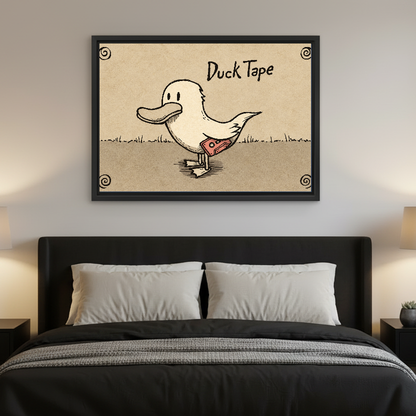 Duck Tape Funny Illustration canvas art framed above a black bed with pale bedding.