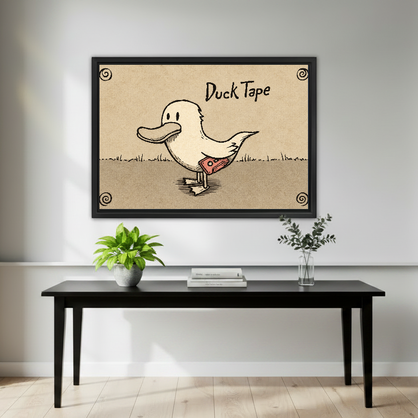 Duck Tape Funny Illustration canvas art framed above a black console with green plants.