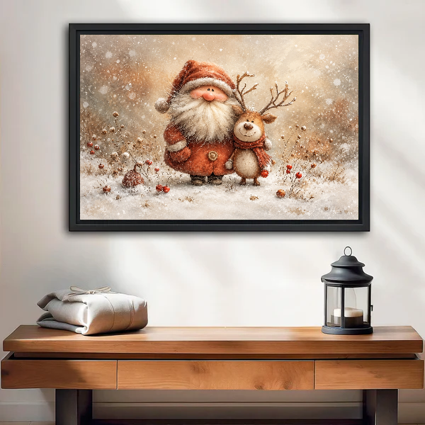 Cozy Santa Reindeer Friends canvas art framed above a wooden table and lantern.