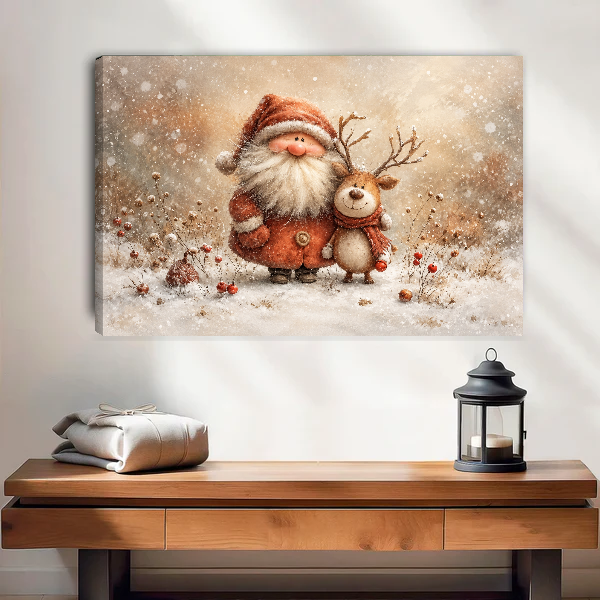 Cozy Santa Reindeer Friends canvas art unframed above a wooden table and lantern.