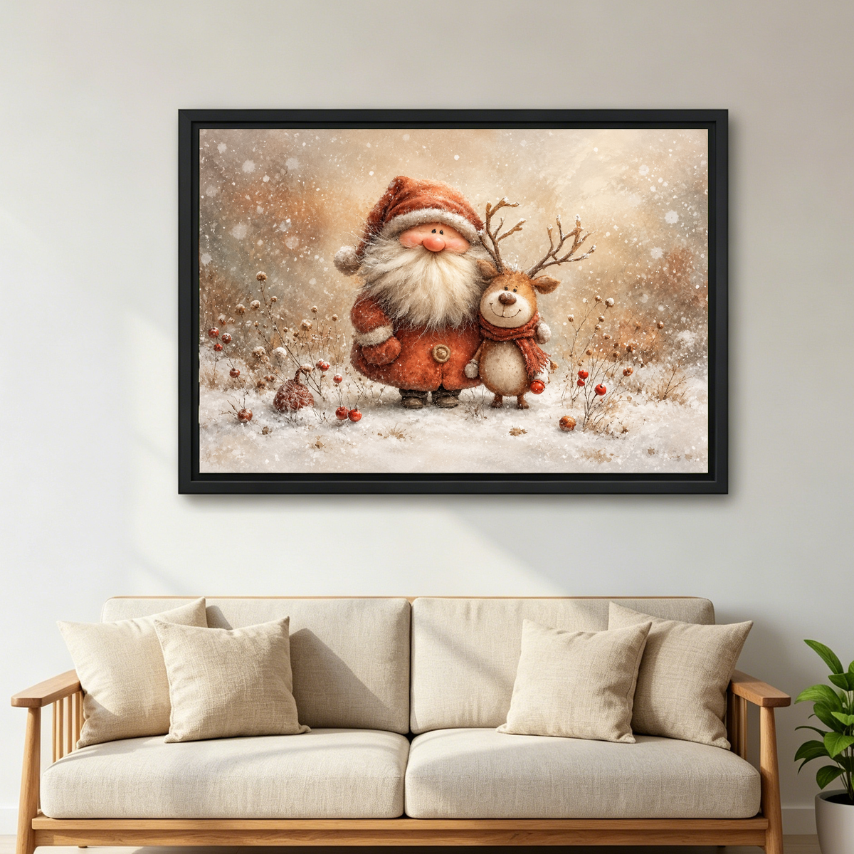 Cozy Santa Reindeer Friends canvas art framed above a cream sofa with wooden arms.