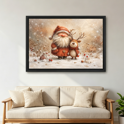 Cozy Santa Reindeer Friends canvas art framed above a cream sofa with wooden arms.