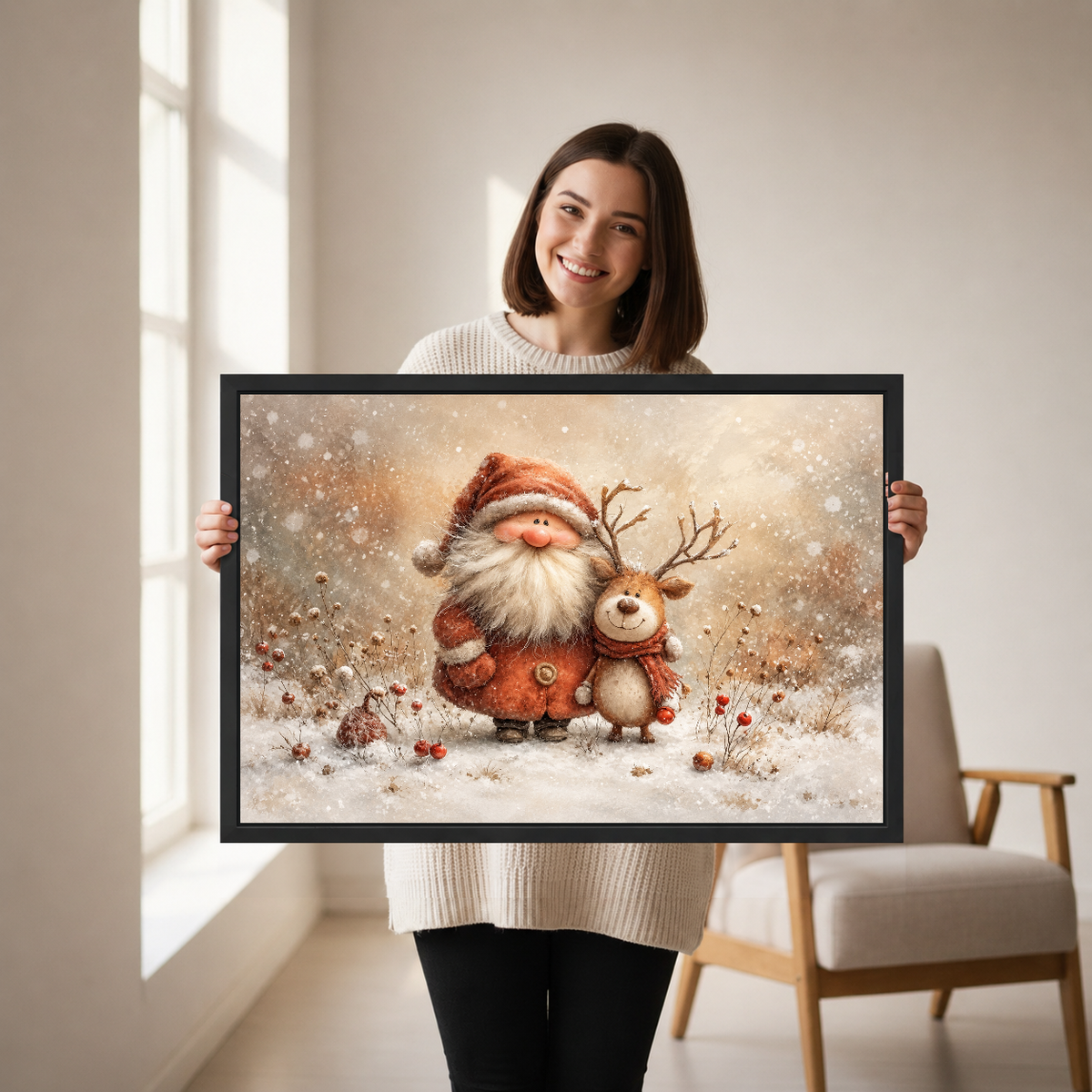 Cozy Santa Reindeer Friends canvas art framed, held by a woman in a neutral room.