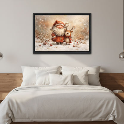 Cozy Santa Reindeer Friends canvas art framed above a white bed in a neutral bedroom.
