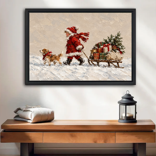 Christmas Child Dog Sleigh canvas art framed above a wooden table and lantern.