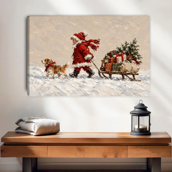 Christmas Child Dog Sleigh canvas art unframed above a wooden table and lantern.