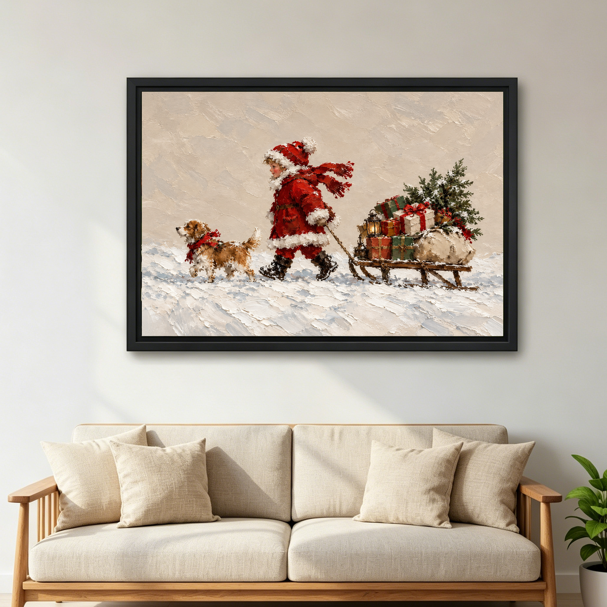 Christmas Child Dog Sleigh canvas art framed above a cream sofa with wooden arms.