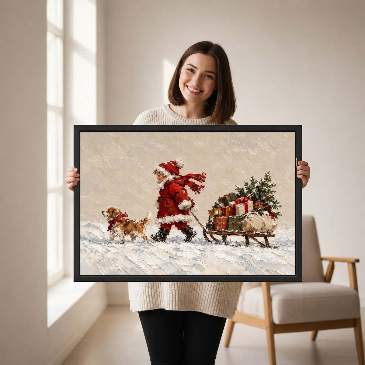 Christmas Child Dog Sleigh canvas art framed, held by a woman in a neutral room.