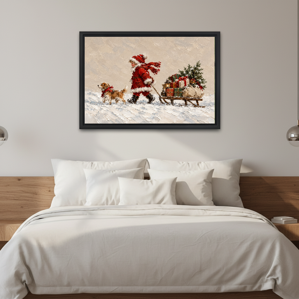 Christmas Child Dog Sleigh canvas art framed above a white bed in a neutral bedroom.