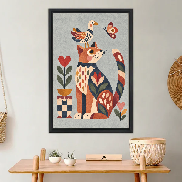 Geometric Folk Cat Bird canvas art framed above a wooden console with small plants.