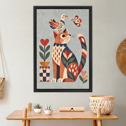 Geometric Folk Cat Bird canvas art framed above a wooden console with small plants.