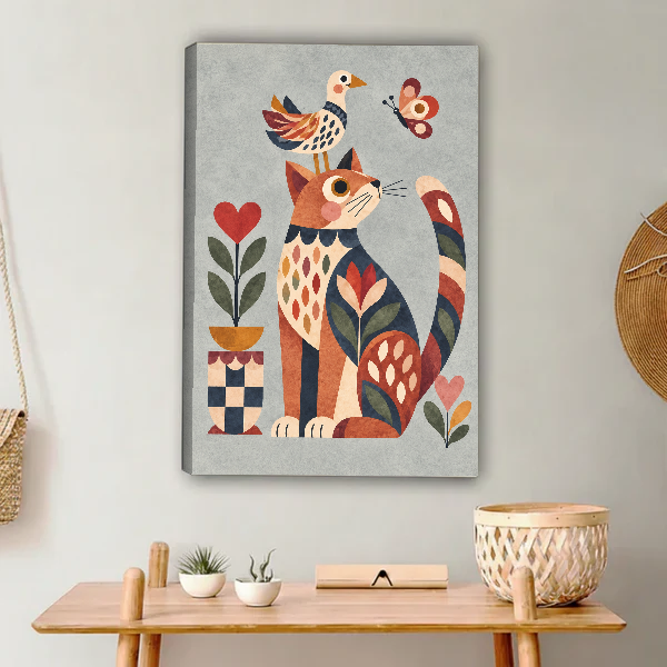 Geometric Folk Cat Bird canvas art unframed above a wooden console with woven accessories.