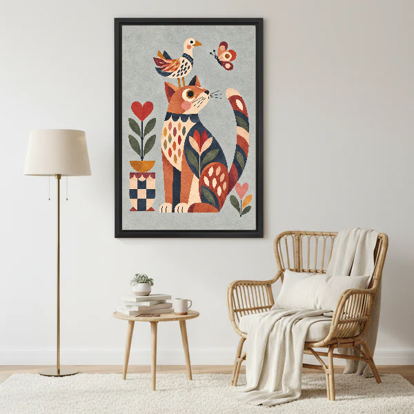Geometric Folk Cat Bird canvas art framed above a rattan reading chair and cream throw.