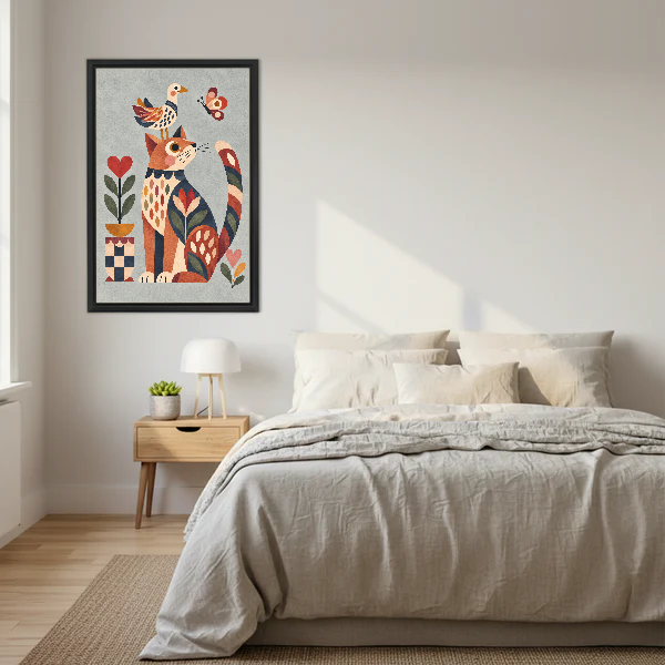Geometric Folk Cat Bird canvas art framed above a cream bed with neutral bedding.