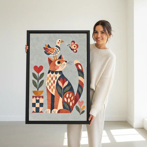 Geometric Folk Cat Bird canvas art held framed by a woman in a bright interior.