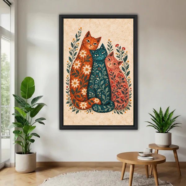 Three Botanical Folk Cats canvas art framed beside green plants and a round wooden table.