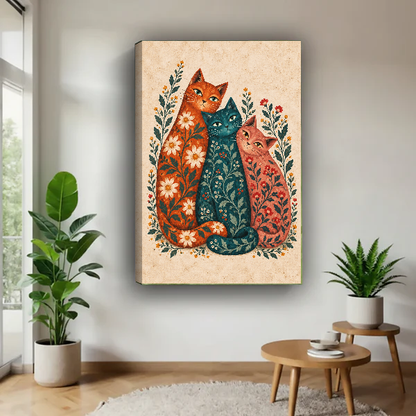 Three Botanical Folk Cats canvas art unframed beside green plants and a wooden table.
