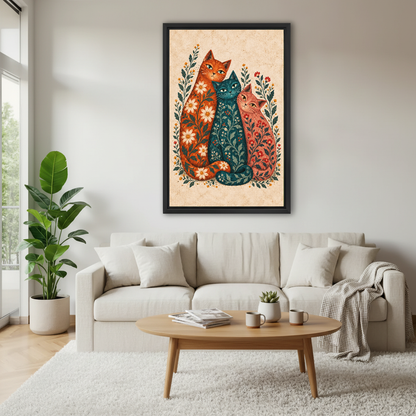Three Botanical Folk Cats canvas art framed above a cream sofa and pale wooden table.