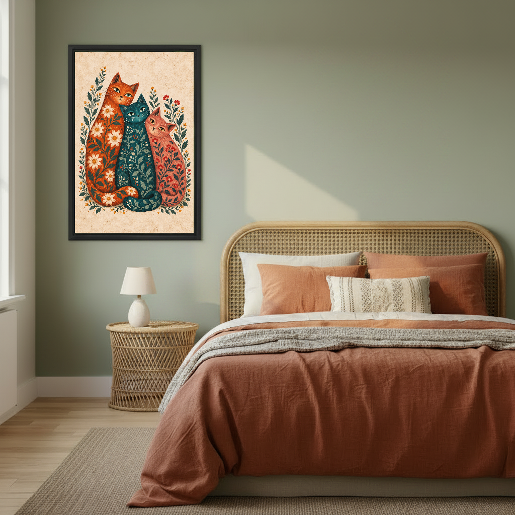 Three Botanical Folk Cats canvas art framed on a sage bedroom wall above rust bedding.