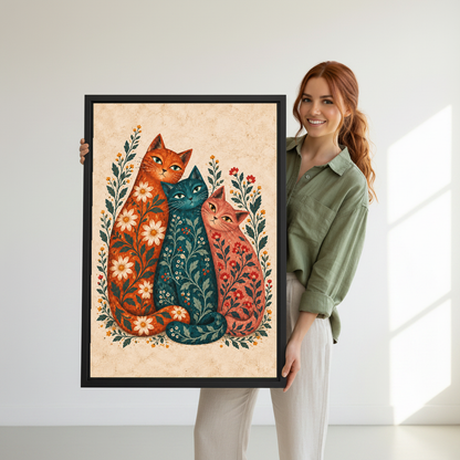Three Botanical Folk Cats canvas art held framed by a woman wearing sage green.
