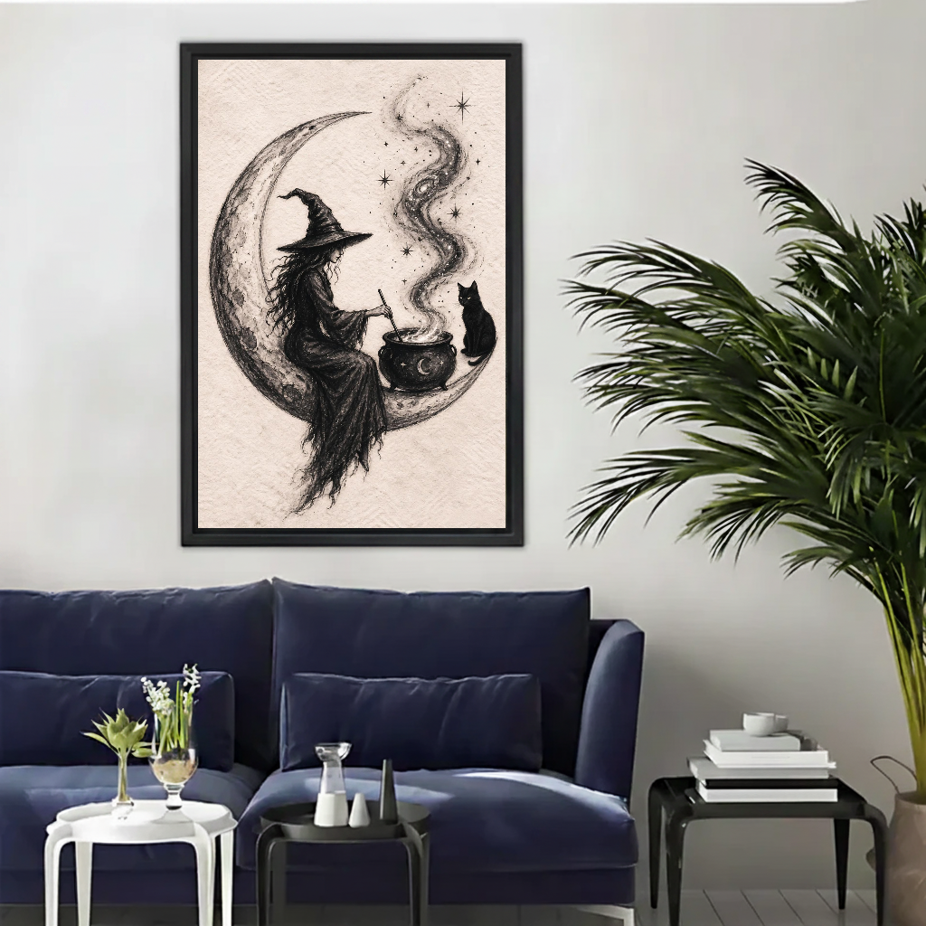 Crescent Moon Witch Cat canvas art framed above a navy sofa beside a palm.