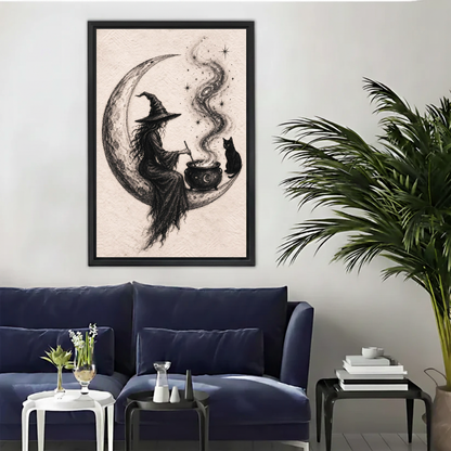 Crescent Moon Witch Cat canvas art framed above a navy sofa beside a palm.