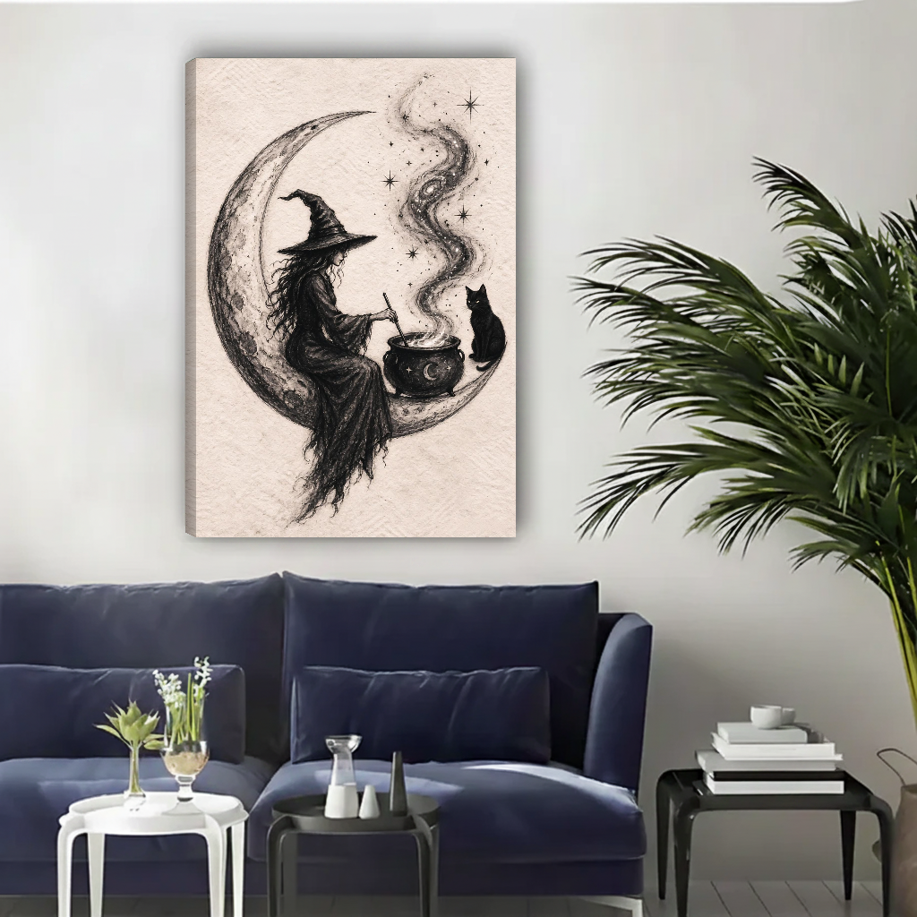 Crescent Moon Witch Cat canvas art unframed above a navy sofa beside a palm.