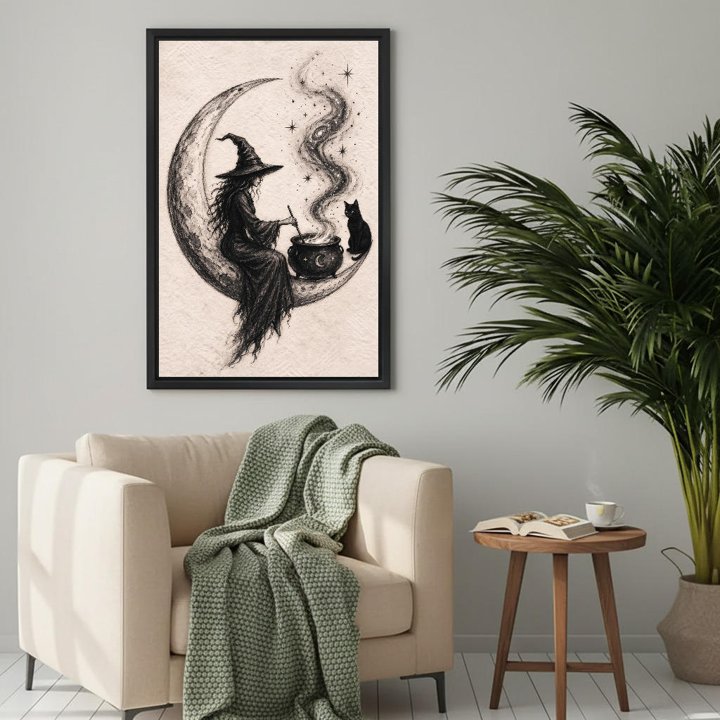 Crescent Moon Witch Cat canvas art framed above a cream chair with green throw.