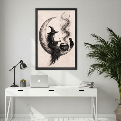 Crescent Moon Witch Cat canvas art framed above a white desk beside a palm.