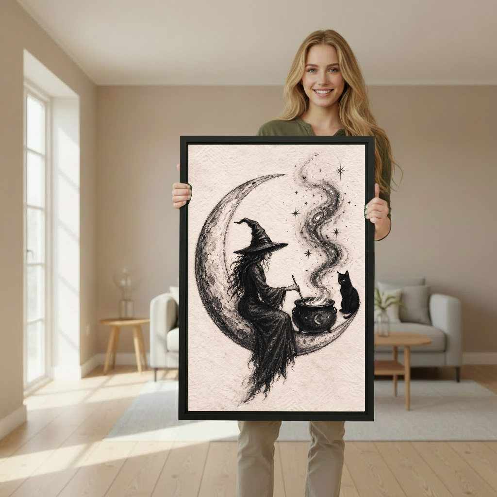 Crescent Moon Witch Cat canvas art held framed by a woman wearing green.